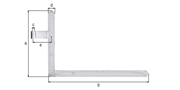 Gate middle hinge, straight, pointed end, Material: raw steel, Surface: galvanised, thick-film passivated, Height: 400 mm, Length: 600 mm, Roller dia.: 16 mm, Width: 40 mm, Distance centre of belt - centre of roller: 105 mm, Item description: Bottom, Material thickness: 5.00 mm, No. of holes: 7 / 1, Hole: Ø7 / 9 x 9 mm