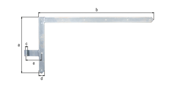 Pernio angular de pórtico, para puertas de garaje, Material: Acero crudo, Superficie: galvanizados, pasivado con capa gruesa, Altura: 400 mm, Longitud: 800 mm, Ø del rodillo: 16 mm, Anchura: 40 mm, Distancia del centro de la banda al centro del rodillo: 105 mm, Descripción del artículo: arriba, Espesura del material: 5,00 mm, Número de agujeros: 8 / 1, Perforación: Ø7 / 9 x 9 mm