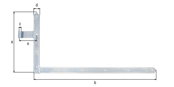Tor-Winkelband, gerade, Abschluss spitz, Material: Stahl roh, Oberfläche: galvanisch verzinkt, Dickschichtschutz, Höhe: 400 mm, Länge: 800 mm, Rollen-Ø: 16 mm, Breite: 40 mm, Abstand Mitte Band - Mitte Rolle: 105 mm, Artikelbeschreibung: unten, Materialstärke: 5,00 mm, Anzahl Löcher: 8 / 1, Loch: Ø7 / 9 x 9 mm