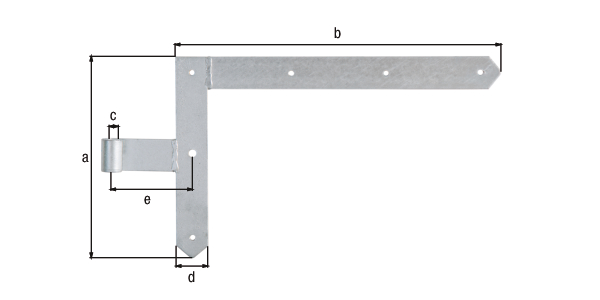 Gate middle hinge, straight, pointed end, for frame gates, Material: raw steel, Surface: hot-dip galvanised, Height: 250 mm, Length: 400 mm, Roller dia.: 13 mm, Width: 40 mm, Distance centre of belt - centre of roller: 100 mm, Item description: Top, Material thickness: 5.00 mm, No. of holes: 5 / 1, Hole: Ø7 / Ø10 mm