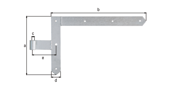 Penture équerre, pour portes à cadre, Matériau: Acier brut, Finition: galvanisée à chaud, Hauteur: 250 mm, Longueur: 400 mm, ø gond: 13 mm, Largeur: 40 mm, Entraxe entre le milieu de la penture et le milieu du gond: 100 mm, Description de l'article: haut, Épaisseur: 5,00 mm, Nombre de trous: 5 / 1, Trou: Ø7 / Ø10 mm