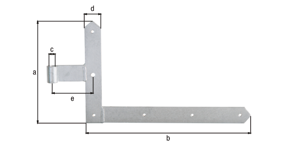 Gate middle hinge, straight, pointed end, for frame gates, Material: raw steel, Surface: hot-dip galvanised, Height: 250 mm, Length: 400 mm, Roller dia.: 13 mm, Width: 40 mm, Distance centre of belt - centre of roller: 100 mm, Item description: Bottom, Material thickness: 5.00 mm, No. of holes: 5 / 1, Hole: Ø7 / Ø10 mm
