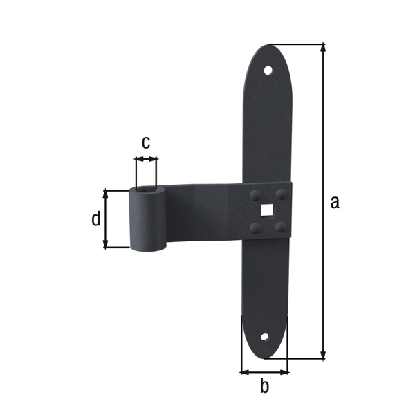 Fensterladen-Mittelband Ovado, gerade, Abschluss abgerundet, Material: Stahl, Oberfläche: verzinkt, graphitgrau kunststoffbeschichtet, Höhe: 200 mm, Breite: 30 mm, Rollen-Ø: 13 mm, Rollenhöhe: 35 mm, Materialstärke: 3,00 mm, Anzahl Löcher: 2 / 1, Loch: Ø5,5 / 9 x 9 mm, CutCase