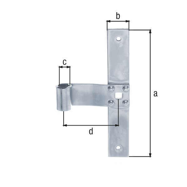 Pernio escuadra recto, con extremidad recta, Material: Acero crudo, Superficie: galvanizados, pasivado con capa gruesa, Altura: 200 mm, Anchura: 30 mm, Ø del rodillo: 13 mm, Distancia del centro de la banda al centro del rodillo: 75 mm, Espesura del material: 3,00 mm, Número de agujeros: 2 / 1, Perforación: Ø5,5 / 9 x 9 mm