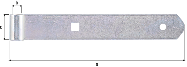 Penture droite bout arrondi, Matériau: Acier brut, Finition: galvanisée passivée, Longueur: 200 mm, ø gond: 10 mm, Largeur: 30 mm, Épaisseur: 3,00 mm, Nombre de trous: 1 / 1, Trou: Ø7 / 9 x 9 mm