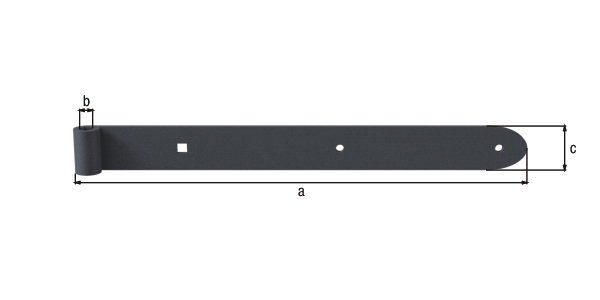 Ovado Shutter hinge, straight, rounded, Material: steel, Surface: galvanised, graphite grey powder-coated, Length: 400 mm, Roller dia.: 13 mm, Width: 40 mm, Material thickness: 5.00 mm, No. of holes: 2 / 1, Hole: Ø7 / 9 x 9 mm