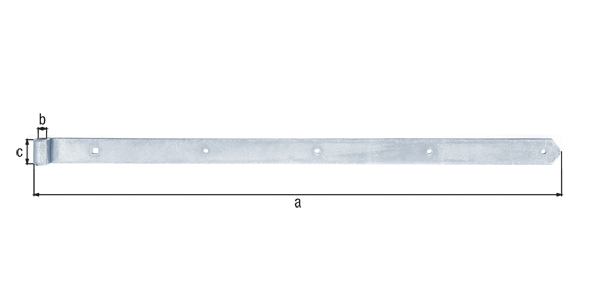 Петля воротная накидная, прямая, со скругленными концами, Материал: Сталь необработанная, Поверхность: гальваническая оцинковка, с толстопленочной пассивацией, Длина: 800 мм, Ролик-Ø: 13 мм, Ширина: 40 мм, Толщина материала: 5,00 мм, Количество отверстий: 4 / 1, Отверстие: диаметр7 / 9 x 9 мм