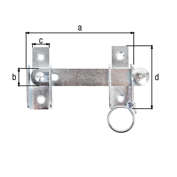 Schlagladen-Überwurf mit Feststell-Vorrichtung, mit versenkten Schraublöchern, Material: Stahl roh, Oberfläche: galvanisch blau verzinkt, Gesamtlänge: 120 mm, Überwurfbreite: 18 mm, Breite Anschraubplatte: 18 mm, Höhe Anschraubplatte: 65 mm, Anzahl Löcher: 4, Loch: Ø6 mm, Frankreich-Artikel