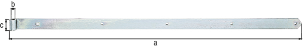 Penture droite bout arrondi, Matériau: Acier brut, Finition: galvanisée passivée, Longueur: 1155 mm, ø gond: 16 mm, Largeur: 45 mm, Épaisseur: 5,00 mm, Nombre de trous: 4 / 1, Trou: Ø9 / 11 x 11 mm