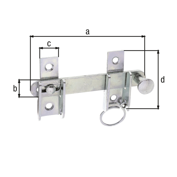 Shutter hasp with locking device, with countersunk screw holes, Material: raw steel, Surface: galvanised, thick-film passivated, Total length: 120 mm, Hasp width: 18 mm, Width of screw-on plate: 18 mm, Height of screw-on plate: 65 mm, No. of holes: 4, Hole: Ø6 mm