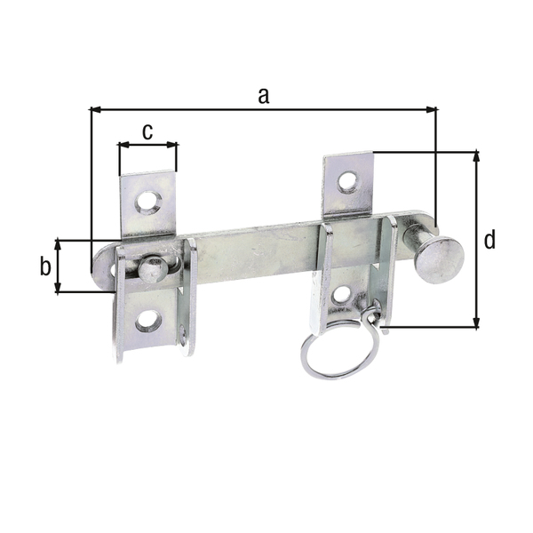 Fermo per persiane con dispositivo di blocco, con fori per viti incassate, Materiale: acciaio grezzo, superficie: galvanizzata, passivata a strato spesso, lunghezza totale: 120 mm, 18 mm, Larghezza piastra da avvitare: 18 mm, Altezza piastra da avvitare: 65 mm, Numero di fori: 4, Foro: Ø6 mm
