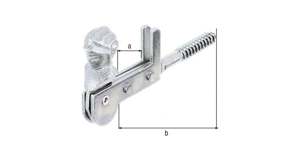 Fensterladen-Feststeller, Frauenkopf, mit Anschlag, Material: Stahl roh, Oberfläche: galvanisch verzinkt, Dickschichtschutz, zum Einschrauben, max. Fensterladenstärke: 30 mm, Abstand Innenkante Feststeller - Außenkante Holzgewinde: 115 mm, Holzgewinde-Ø: 9 x 60 mm