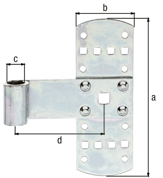 Zawias krzyżowy, materiał: stal surowa, powierzchnia: ocynkowana galwanicznie, pasywowana grubowarstwowo, Wysokość: 140 mm, Szerokość: 50 mm, Średnica rolki: 13 mm, Odstęp środek taśmy – środek rolki: 75 mm, Grubość materiału: 2,00 mm, Liczba otworów: 8 / 8 / 1, Otwór: Ø5 / 5,5 x 5,5 / 9 x 9 mm