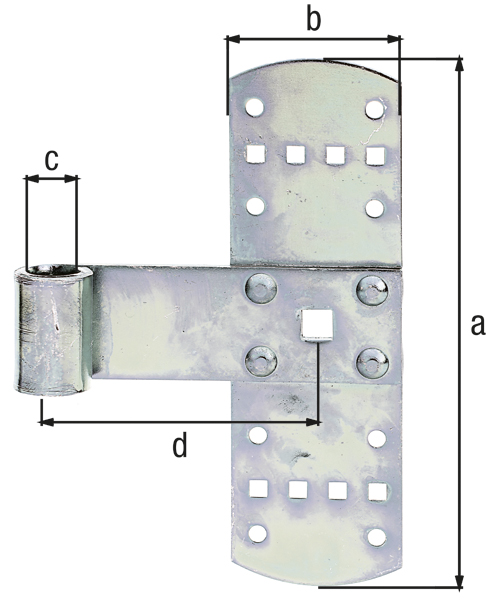 Kreuzband, Material: Stahl roh, Oberfläche: galvanisch verzinkt, Dickschichtschutz, Höhe: 160 mm, Breite: 50 mm, Rollen-Ø: 13 mm, Abstand Mitte Band - Mitte Rolle: 75 mm, Materialstärke: 2,00 mm, Anzahl Löcher: 8 / 8 / 1, Loch: Ø5 / 5,5 x 5,5 / 9 x 9 mm