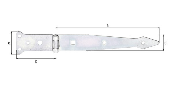 Strap hinge, with riveted pin, Material: raw steel, Surface: galvanised, thick-film passivated, Belt length: 202 mm, Hinge width: 77 mm, Hinge length: 48 mm, Belt width: 35 mm, Type: light, Material thickness: 2.50 mm, No. of holes: 5 / 1 / 1, Hole: Ø6 / Ø9 / 7 x 7 mm