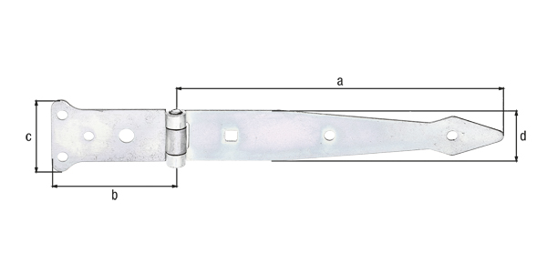 Zawias rzutnikowy, z nitowanym trzpieniem, materiał: stal surowa, powierzchnia: ocynkowana galwanicznie, pasywowana grubowarstwowo, Długość taśmy: 202 mm, Szerokość zawiasu: 77 mm, Długość zawiasu: 48 mm, Szerokość taśmy: 35 mm, Wersja: lekka, Grubość materiału: 2,50 mm, Liczba otworów: 5 / 1 / 1, Otwór: Ø6 / Ø9 / 7 x 7 mm