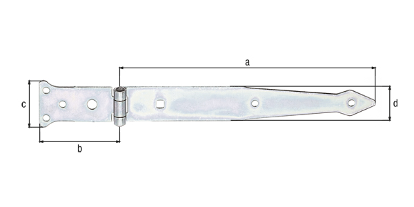 Strap hinge, with riveted pin, Material: raw steel, Surface: galvanised, thick-film passivated, Belt length: 252 mm, Hinge width: 77 mm, Hinge length: 48 mm, Belt width: 35 mm, Type: light, Material thickness: 2.50 mm, No. of holes: 5 / 1 / 1, Hole: Ø6 / Ø9 / 7 x 7 mm