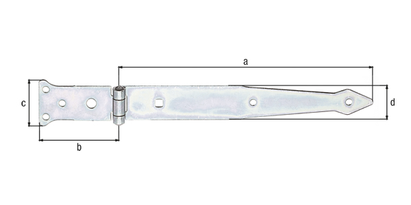 Werfgehänge, mit vernietetem Stift, Material: Stahl roh, Oberfläche: galvanisch verzinkt, Dickschichtschutz, Bandlänge: 252 mm, Scharnierbreite: 77 mm, Scharnierlänge: 48 mm, Bandbreite: 35 mm, Ausführung: leicht, Materialstärke: 2,50 mm, Anzahl Löcher: 5 / 1 / 1, Loch: Ø6 / Ø9 / 7 x 7 mm