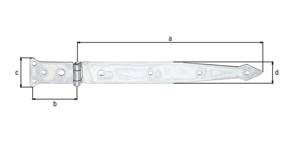 Strap hinge, with riveted pin, Material: raw steel, Surface: galvanised, thick-film passivated, Belt length: 302 mm, Hinge width: 77 mm, Hinge length: 48 mm, Belt width: 35 mm, Type: light, Material thickness: 2.50 mm, No. of holes: 6 / 1 / 1, Hole: Ø6 / Ø9 / 7 x 7 mm