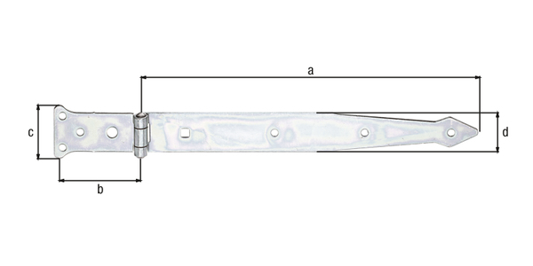 Werfgehänge, mit vernietetem Stift, Material: Stahl roh, Oberfläche: galvanisch verzinkt, Dickschichtschutz, Bandlänge: 302 mm, Scharnierbreite: 77 mm, Scharnierlänge: 48 mm, Bandbreite: 35 mm, Ausführung: leicht, Materialstärke: 2,50 mm, Anzahl Löcher: 6 / 1 / 1, Loch: Ø6 / Ø9 / 7 x 7 mm