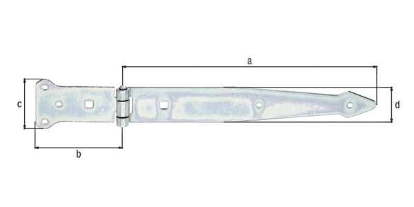 Werfgehänge, mit vernietetem Stift, Material: Stahl roh, Oberfläche: galvanisch verzinkt, Dickschichtschutz, Bandlänge: 300 mm, Scharnierbreite: 101 mm, Scharnierlänge: 63 mm, Bandbreite: 45 mm, Ausführung: schwer, Materialstärke: 3,20 mm, Anzahl Löcher: 5 / 2, Loch: Ø6 / 9 x 9 mm