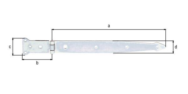 Strap hinge, with riveted pin, Material: raw steel, Surface: galvanised, thick-film passivated, Belt length: 400 mm, Hinge width: 101 mm, Hinge length: 63 mm, Belt width: 45 mm, Type: heavy, Material thickness: 3.60 mm, No. of holes: 6 / 2, Hole: Ø6 / 9 x 9 mm