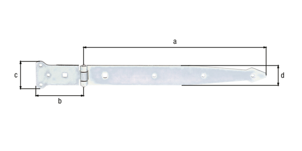 Werfgehänge, mit vernietetem Stift, Material: Stahl roh, Oberfläche: galvanisch verzinkt, Dickschichtschutz, Bandlänge: 400 mm, Scharnierbreite: 101 mm, Scharnierlänge: 63 mm, Bandbreite: 45 mm, Ausführung: schwer, Materialstärke: 3,60 mm, Anzahl Löcher: 6 / 2, Loch: Ø6 / 9 x 9 mm