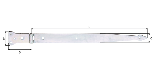 Strap hinge, with riveted pin, Material: raw steel, Surface: galvanised, thick-film passivated, Belt length: 500 mm, Hinge width: 101 mm, Hinge length: 63 mm, Belt width: 45 mm, Type: heavy, Material thickness: 3.75 mm, No. of holes: 6 / 2, Hole: Ø6 / 9 x 9 mm