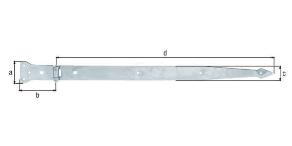 Strap hinge, with riveted pin, Material: raw steel, Surface: galvanised, thick-film passivated, Belt length: 600 mm, Hinge width: 101 mm, Hinge length: 63 mm, Belt width: 45 mm, Type: heavy, Material thickness: 3.75 mm, No. of holes: 6 / 2, Hole: Ø6 / 9 x 9 mm