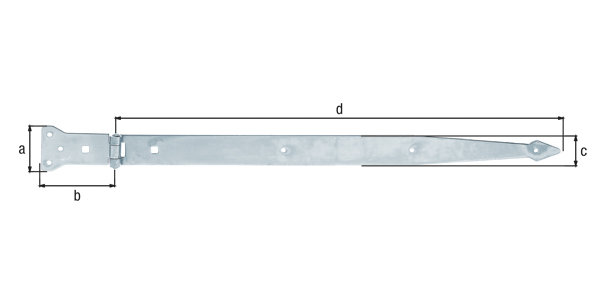 Werfgehänge, mit vernietetem Stift, Material: Stahl roh, Oberfläche: galvanisch verzinkt, Dickschichtschutz, Bandlänge: 600 mm, Scharnierbreite: 101 mm, Scharnierlänge: 63 mm, Bandbreite: 45 mm, Ausführung: schwer, Materialstärke: 3,75 mm, Anzahl Löcher: 6 / 2, Loch: Ø6 / 9 x 9 mm