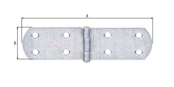 Box hinge, with riveted pin, with countersunk screw holes, Material: raw steel, Surface: galvanised, thick-film passivated, Length: 135 mm, Width: 35 mm, Material thickness: 2.00 mm, No. of holes: 8, Hole: Ø5.5 mm
