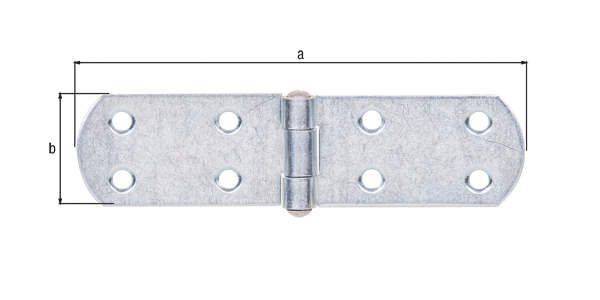 Kistenband, mit vernietetem Stift, mit versenkten Schraublöchern, Material: Stahl roh, Oberfläche: galvanisch verzinkt, Dickschichtschutz, Länge: 135 mm, Breite: 35 mm, Materialstärke: 2,00 mm, Anzahl Löcher: 8, Loch: Ø5,5 mm