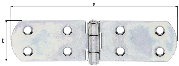 Box hinge, with riveted pin, with countersunk screw holes, Material: raw steel, Surface: galvanised, thick-film passivated, Length: 156 mm, Width: 35 mm, Material thickness: 2.00 mm, No. of holes: 8, Hole: Ø5.5 mm