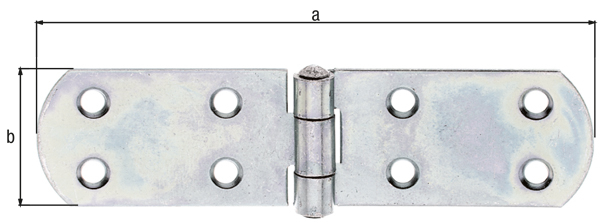 Kistenband, mit vernietetem Stift, mit versenkten Schraublöchern, Material: Stahl roh, Oberfläche: galvanisch verzinkt, Dickschichtschutz, Länge: 156 mm, Breite: 35 mm, Materialstärke: 2,00 mm, Anzahl Löcher: 8, Loch: Ø5,5 mm