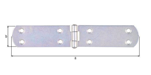 Box hinge, with riveted pin, with countersunk screw holes, Material: raw steel, Surface: galvanised, thick-film passivated, Length: 195 mm, Width: 35 mm, Material thickness: 2.00 mm, No. of holes: 8, Hole: Ø5.5 mm
