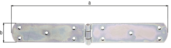 Box hinge, with riveted pin, with countersunk screw holes, Material: raw steel, Surface: galvanised, thick-film passivated, Length: 300 mm, Width: 40 mm, Material thickness: 2.50 mm, No. of holes: 10, Hole: Ø5.5 mm