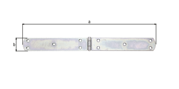 Box hinge, with riveted pin, with countersunk screw holes, Material: raw steel, Surface: galvanised, thick-film passivated, Length: 400 mm, Width: 40 mm, Material thickness: 3.00 mm, No. of holes: 10, Hole: Ø6 mm