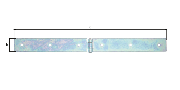 Kistenband, mit vernietetem Stift, Material: Stahl roh, Oberfläche: galvanisch gelb verzinkt, Länge: 400 mm, Breite: 35 mm, Ausführung: leicht, Materialstärke: 2,50 mm, Anzahl Löcher: 6, Loch: Ø6,5 mm