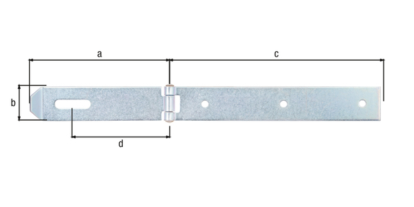 Überfalle, Abschluss gerade, Material: Stahl roh, Oberfläche: galvanisch verzinkt, Dickschichtschutz, Länge Überfalle: 140 mm, Breite: 35 mm, Länge Anschraubplatte: 210 mm, Abstand Mitte Langloch - Mitte Stift: 99 mm, Materialstärke: 2,50 mm, Anzahl Löcher: 1 / 3, Loch: 8 x 35 / Ø6,5 mm