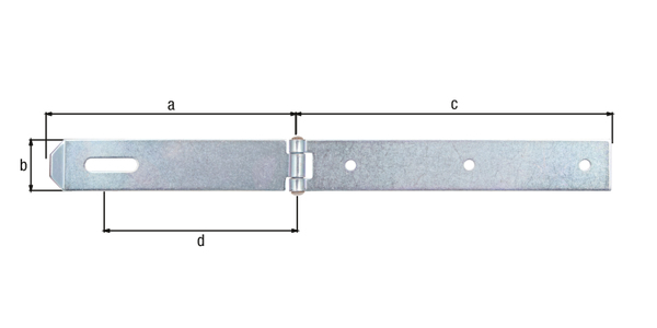 Überfalle, Abschluss gerade, Material: Stahl roh, Oberfläche: galvanisch verzinkt, Dickschichtschutz, Länge Überfalle: 167 mm, Breite: 35 mm, Länge Anschraubplatte: 210 mm, Abstand Mitte Langloch - Mitte Stift: 126,5 mm, Materialstärke: 2,50 mm, Anzahl Löcher: 1 / 3, Loch: 8 x 35 / Ø6,5 mm