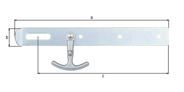 Hasp with hook, Material: raw steel, Surface: galvanised, thick-film passivated, Length of top latch: 250 mm, Width: 30 mm, Distance centre of slot - end of hasp: 112 mm, Material thickness: 3.00 mm, No. of holes: 1 / 3, Hole: 10 x 40 / Ø5.5 mm