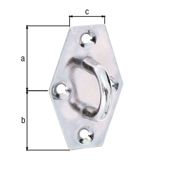 Eye plate, with countersunk screw holes, Material: raw steel, Surface: galvanised, thick-film passivated, Length: 64 mm, Width: 41 mm, No. of holes: 4, Hole: Ø4.5 mm