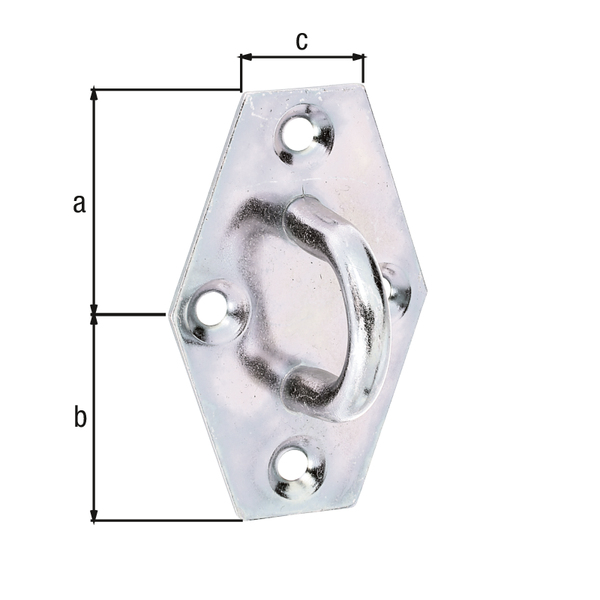 Öse auf Platte, mit versenkten Schraublöchern, Material: Stahl roh, Oberfläche: galvanisch verzinkt, Dickschichtschutz, Länge: 64 mm, Breite: 41 mm, Anzahl Löcher: 4, Loch: Ø4,5 mm