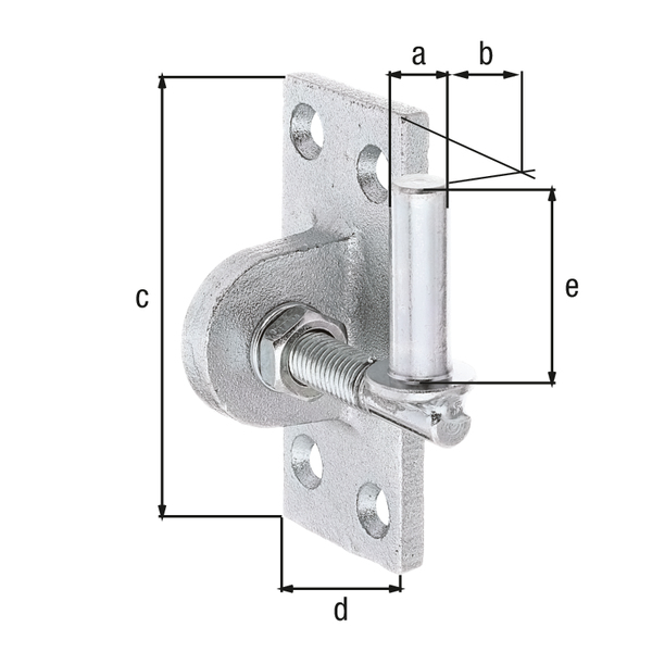 Hook for screwing on, with countersunk screw holes, Material: raw steel, Surface: galvanised, thick-film passivated, Size back set-Ø: 13 mm, Distance pin - plate: 10.5 mm, Plate height: 105 mm, Plate width: 45 mm, Length of pin: 40 mm, can be adjusted by: 20 mm, Material thickness: 8.00 mm, Thread: M12, No. of holes: 4, Hole: Ø7 mm