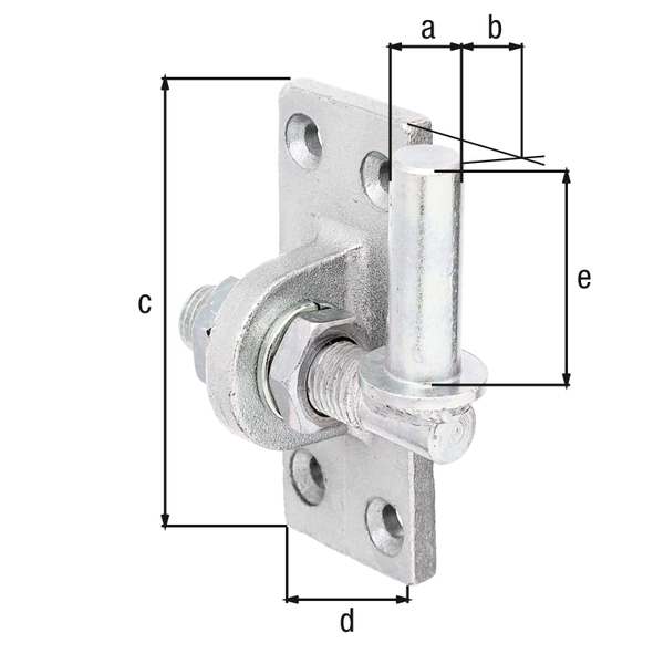 Kloben zum Anschrauben, mit versenkten Schraublöchern, Material: Stahl roh, Oberfläche: galvanisch verzinkt, Dickschichtschutz, Dornmaß-Ø: 16 mm, Abstand Dorn - Platte: 9 mm, Plattenhöhe: 105 mm, Plattenbreite: 45 mm, Länge Dorn: 45 mm, verstellbar um: 20 mm, Materialstärke: 8,00 mm, Gewinde: M16, Anzahl Löcher: 4, Loch: Ø7 mm