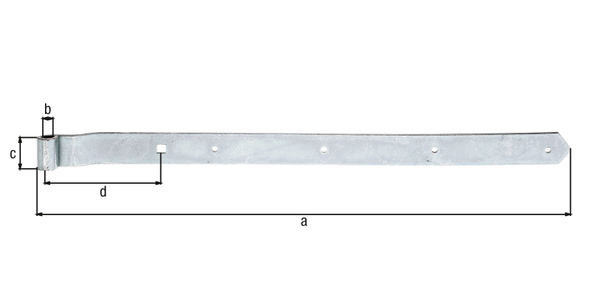 Band hook, cranked, rounded, Material: raw steel, Surface: galvanised, thick-film passivated, Length: 642 mm, Roller dia.: 13 mm, Width: 40 mm, Distance centre of roller - centre of square hole: 135 mm, Material thickness: 5.00 mm, No. of holes: 4 / 1, Hole: Ø7 / 11 x 11 mm