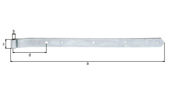 Penture contre-coudée bout arrondi, Matériau: Acier brut, Finition: galvanisée passivée, Longueur: 642 mm, ø gond: 13 mm, Largeur: 40 mm, Distance centre rouleau - centre trou carré: 135 mm, Épaisseur: 5,00 mm, Nombre de trous: 4 / 1, Trou: Ø7 / 11 x 11 mm