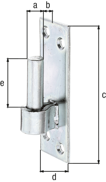 Kloben auf Platte, DI-Haken, Süddeutsche Form, mit versenkten Schraublöchern, Material: Stahl roh, Oberfläche: galvanisch verzinkt, Dickschichtschutz, Dornmaß-Ø: 13 mm, Abstand Dorn - Platte: 10 mm, Plattenhöhe: 110 mm, Plattenbreite: 36 mm, Länge Dorn: 45 mm, Materialstärke: 4,00 mm, Anzahl Löcher: 4, Loch: Ø6 mm