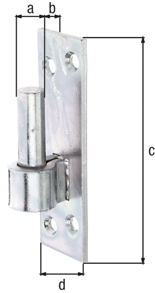 Kloben auf Platte, DII-Haken, Süddeutsche Form, mit versenkten Schraublöchern, Material: Stahl roh, Oberfläche: galvanisch verzinkt, Dickschichtschutz, Dornmaß-Ø: 13 mm, Abstand Dorn - Platte: 25 mm, Plattenhöhe: 110 mm, Plattenbreite: 36 mm, Länge Dorn: 45 mm, Materialstärke: 4,00 mm, Anzahl Löcher: 4, Loch: Ø6 mm