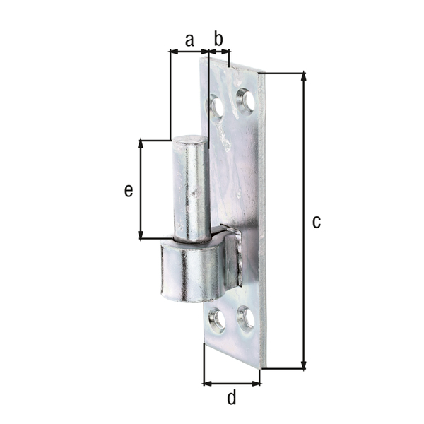 Kloben auf Platte, DI-Haken, Süddeutsche Form, mit versenkten Schraublöchern, Material: Stahl roh, Oberfläche: galvanisch verzinkt, Dickschichtschutz, Dornmaß-Ø: 16 mm, Abstand Dorn - Platte: 13 mm, Plattenhöhe: 133 mm, Plattenbreite: 40 mm, Länge Dorn: 45 mm, Materialstärke: 5,00 mm, Anzahl Löcher: 4, Loch: Ø8,5 mm